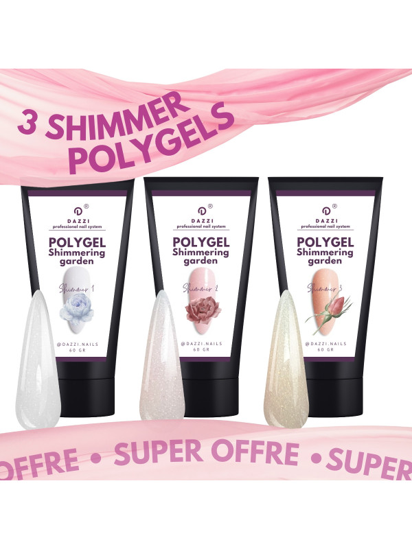 Baby Boomer 3er-Pack mit schimmerndem Polygel „Shimmering Garden“, einschließlich Weiß-, Nude- und Pfirsichtönen, 60 g.